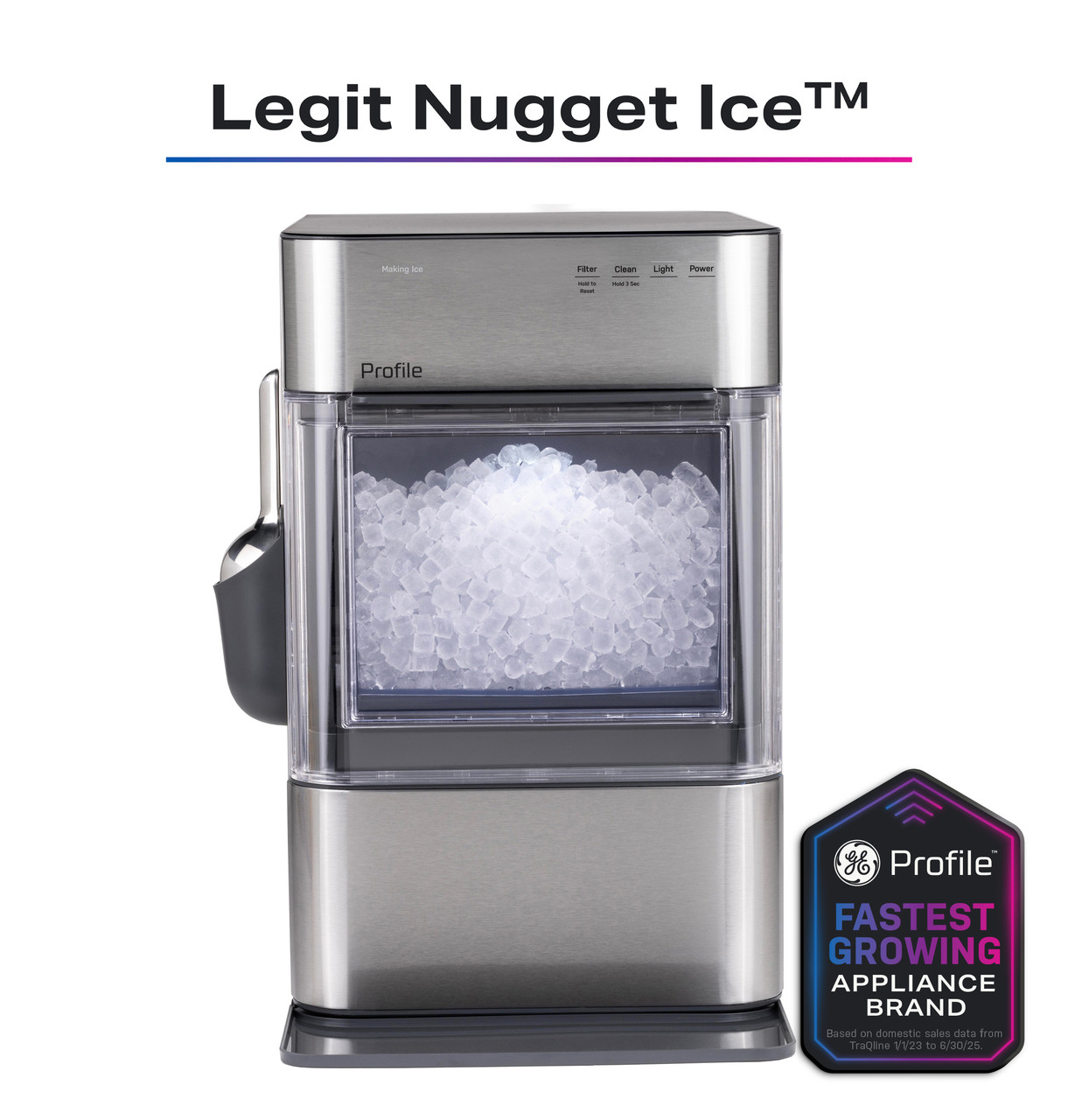GE Profile Opal 2.0 Ultra nugget ice maker in stainless steel